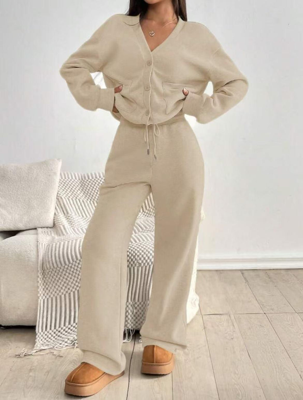 KatchMe Women's Slouchy Solid Color V NeckLong Sleeve Button Cardigan & Drawstring WaistTrousers Co-ord, Soft Two Piece Outfits for Fall &Winter(US/CN)