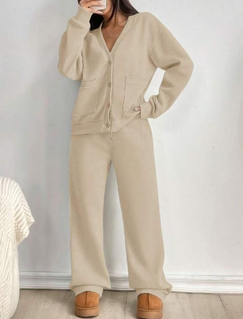 KatchMe Women's Slouchy Solid Color V NeckLong Sleeve Button Cardigan & Drawstring WaistTrousers Co-ord, Soft Two Piece Outfits for Fall &Winter(US/CN)