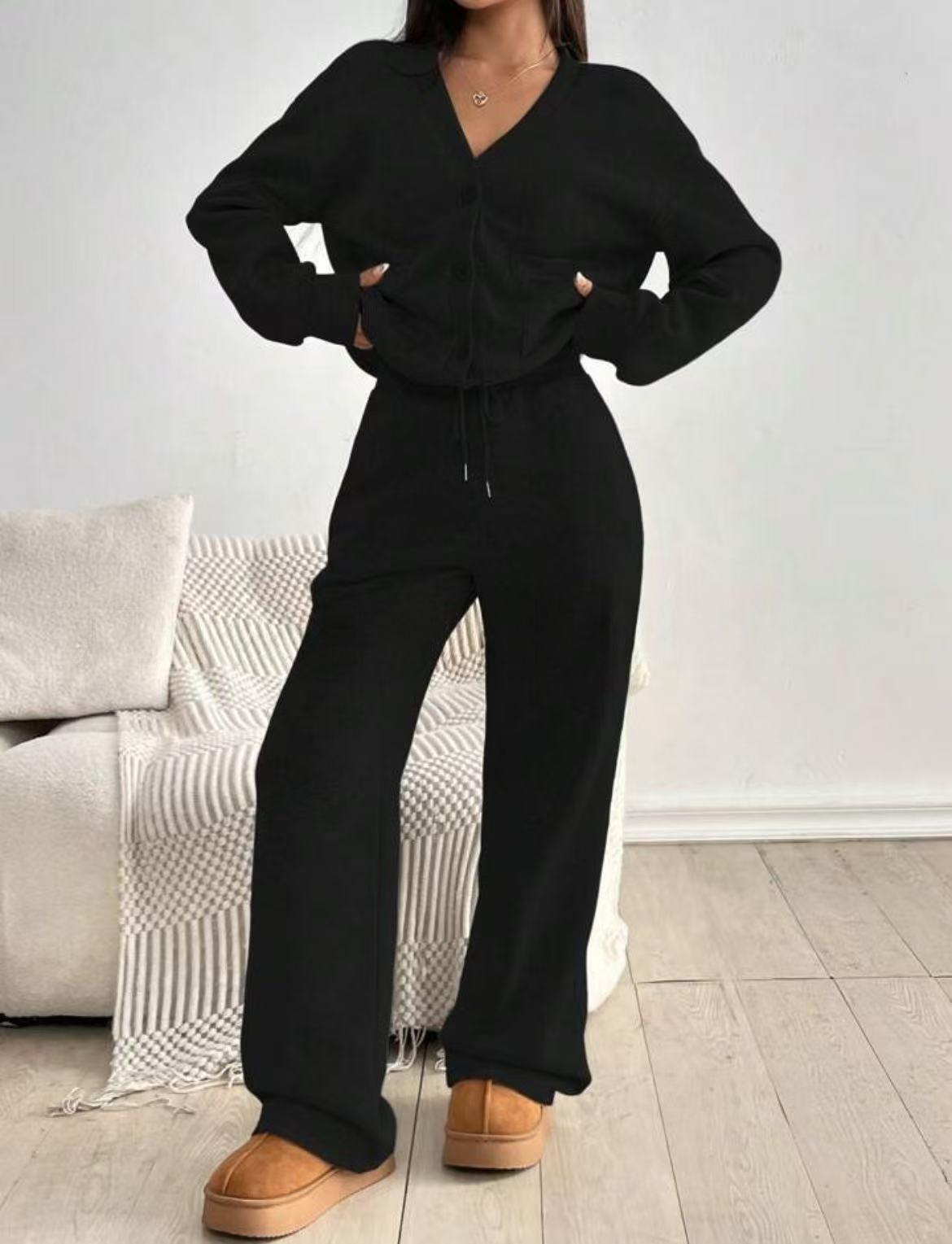 KatchMe Women's Slouchy Solid Color V NeckLong Sleeve Button Cardigan & Drawstring WaistTrousers Co-ord, Soft Two Piece Outfits for Fall &Winter(US/CN)