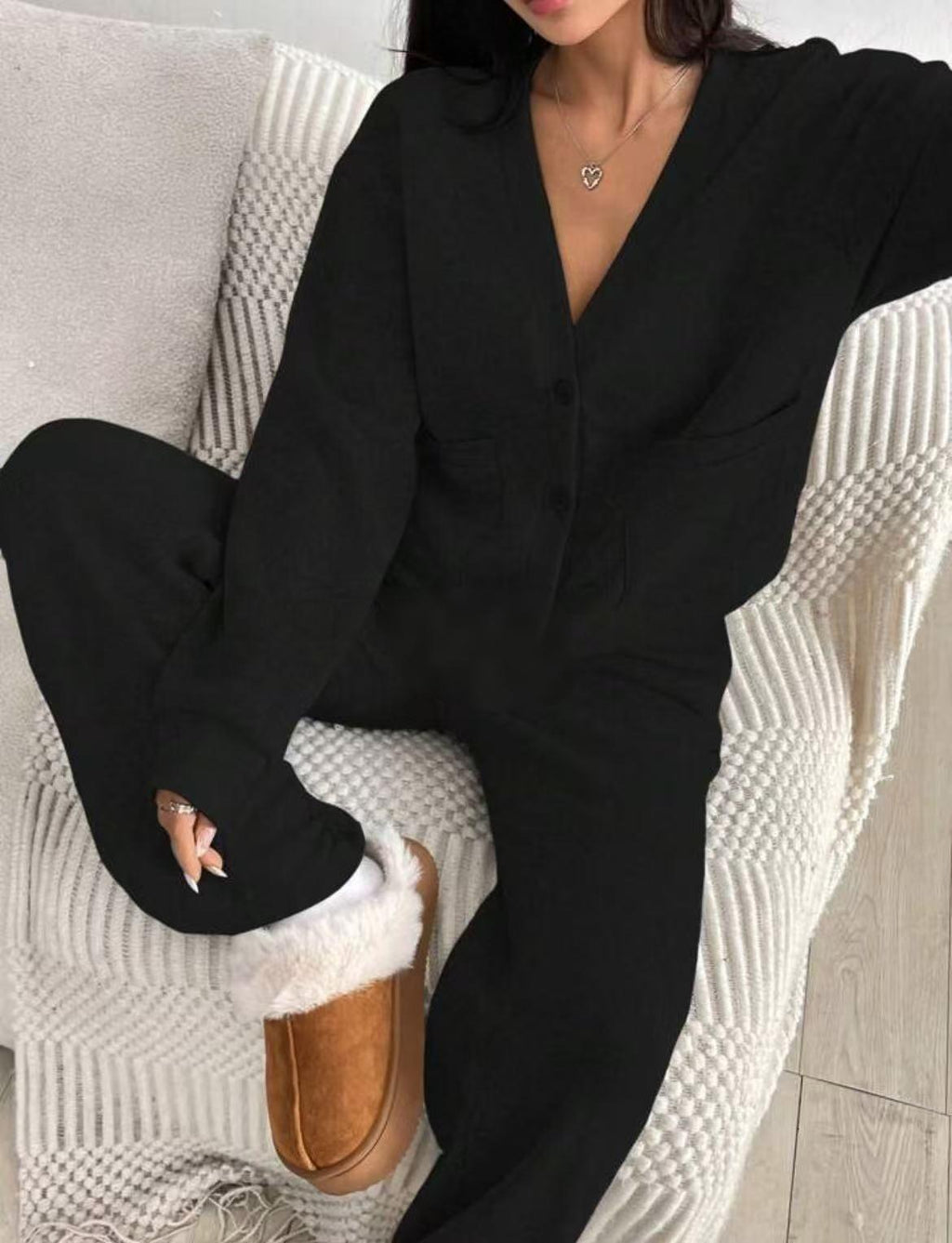 KatchMe Women's Slouchy Solid Color V NeckLong Sleeve Button Cardigan & Drawstring WaistTrousers Co-ord, Soft Two Piece Outfits for Fall &Winter(US/CN)