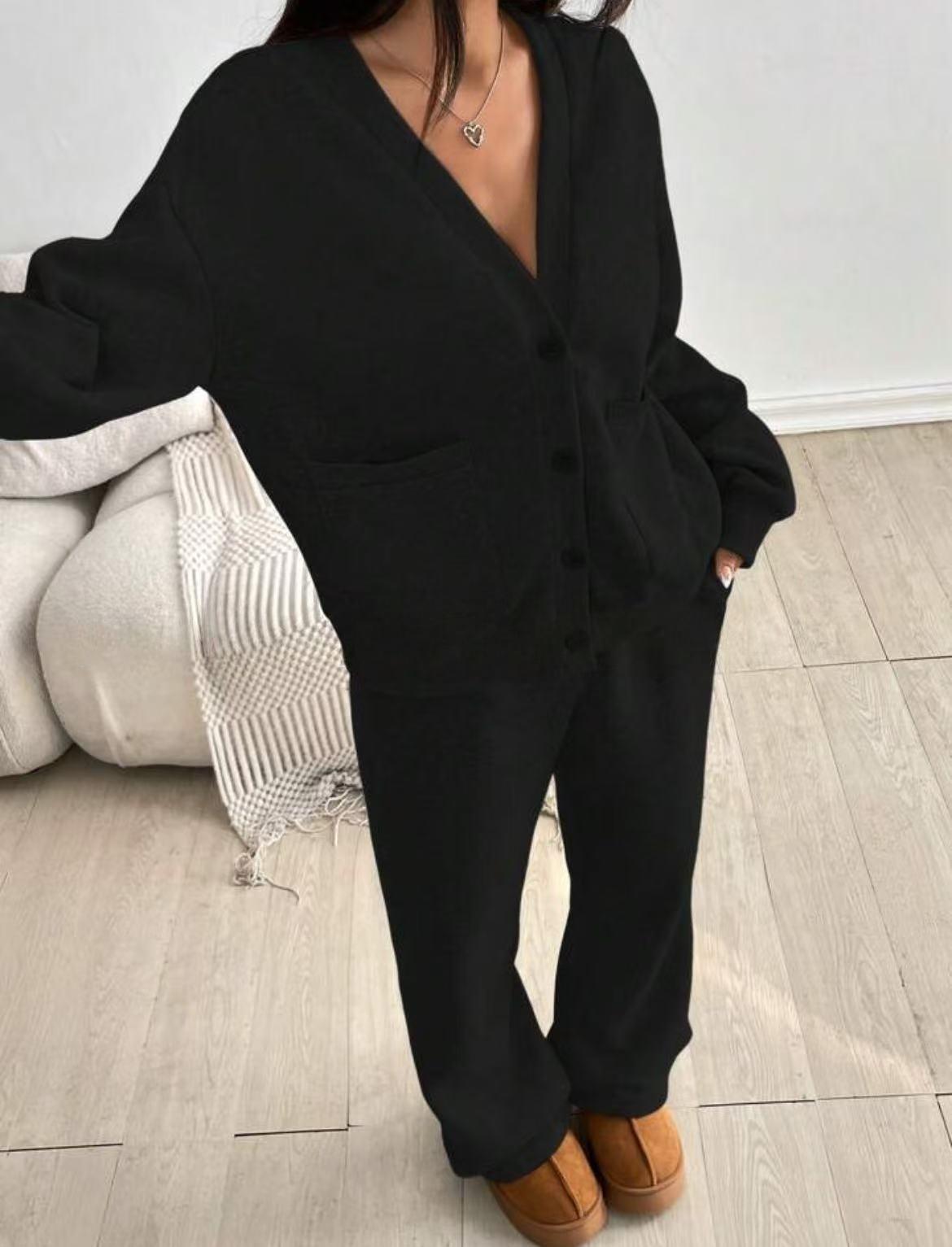 KatchMe Women's Slouchy Solid Color V NeckLong Sleeve Button Cardigan & Drawstring WaistTrousers Co-ord, Soft Two Piece Outfits for Fall &Winter(US/CN)