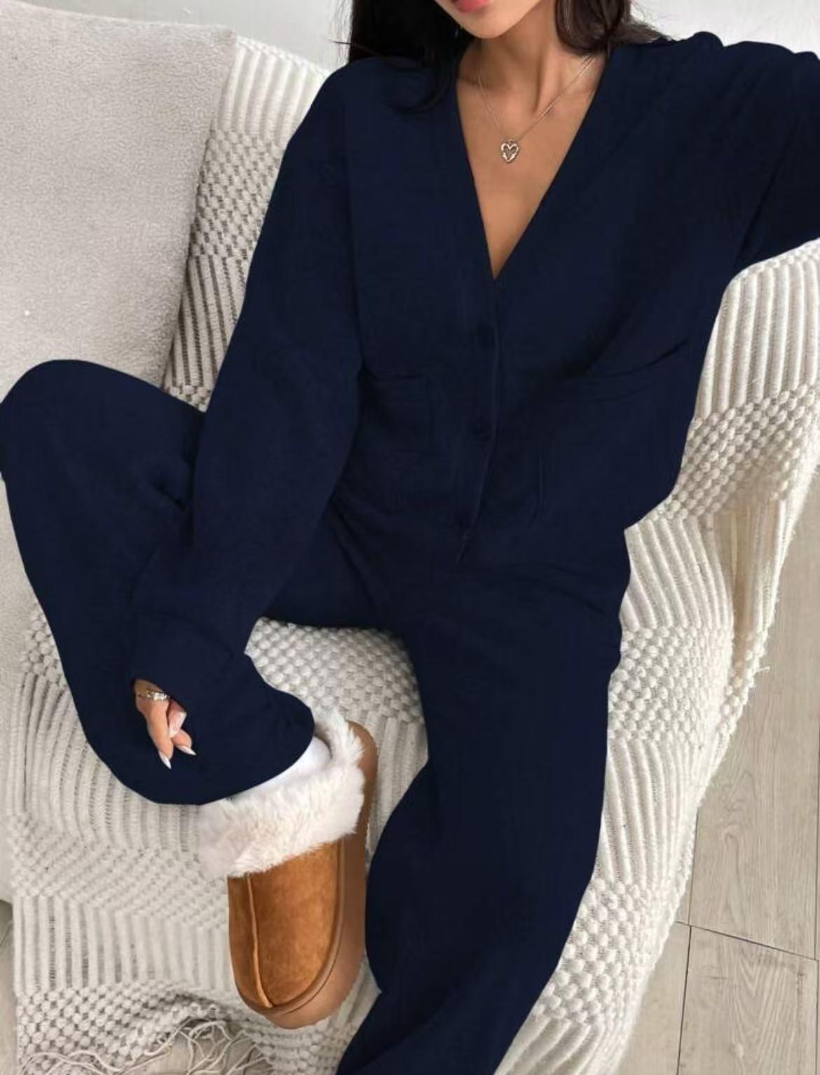 KatchMe Women's Slouchy Solid Color V NeckLong Sleeve Button Cardigan & Drawstring WaistTrousers Co-ord, Soft Two Piece Outfits for Fall &Winter(US/CN)