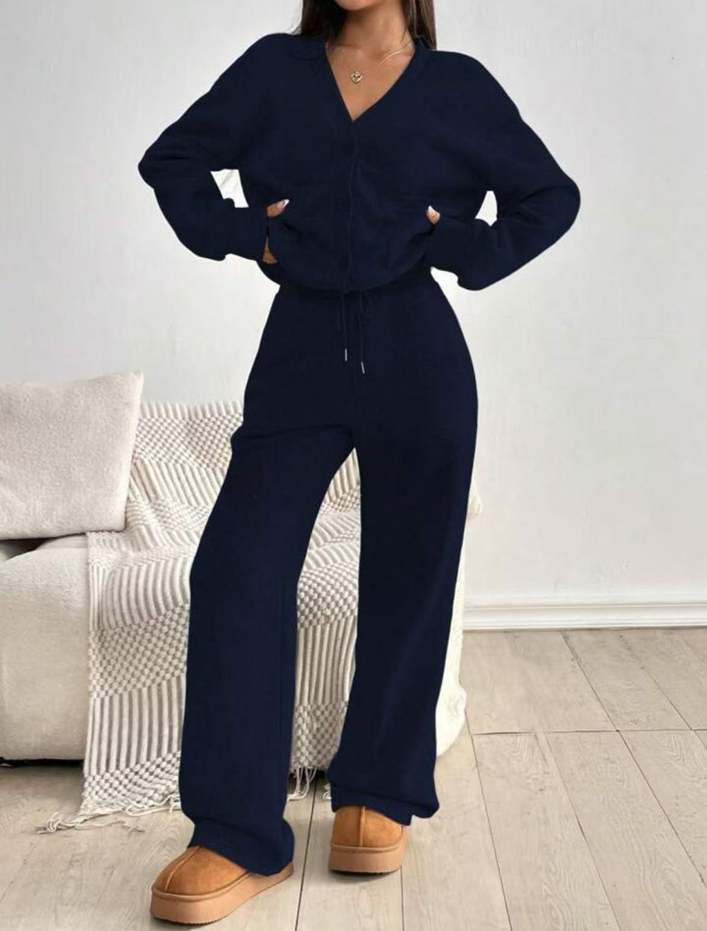 KatchMe Women's Slouchy Solid Color V NeckLong Sleeve Button Cardigan & Drawstring WaistTrousers Co-ord, Soft Two Piece Outfits for Fall &Winter(US/CN)