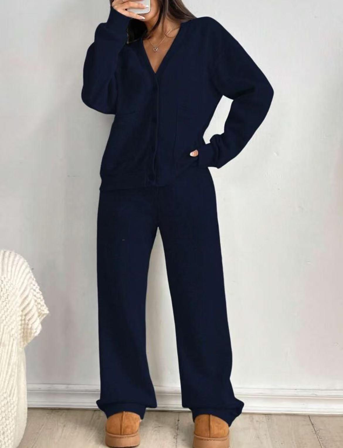 KatchMe Women's Slouchy Solid Color V NeckLong Sleeve Button Cardigan & Drawstring WaistTrousers Co-ord, Soft Two Piece Outfits for Fall &Winter(US/CN)