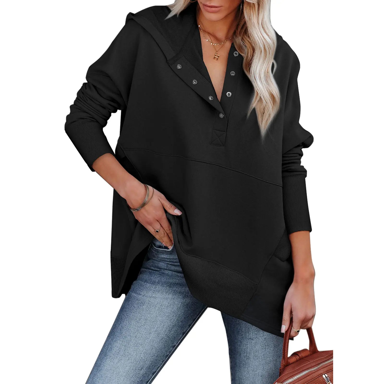 EVALESS Women's Casual Oversized Sweatshirts Hoodies Basic Button V Neck Long Sleeve Hooded Cotton Breathable Henley Pullover Tops 2026 Womenswear Winter Fall Outfits Clothes with Pockets