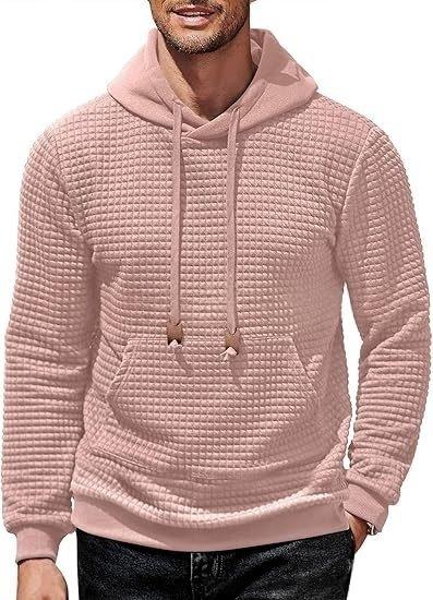 Men's Hooded Sweatshirt Long Sleeve Fashion Gym Athletic Hoodies Solid Plaid Jacquard Pullover with Pocket Classic Menswearhoodie Wool Beige