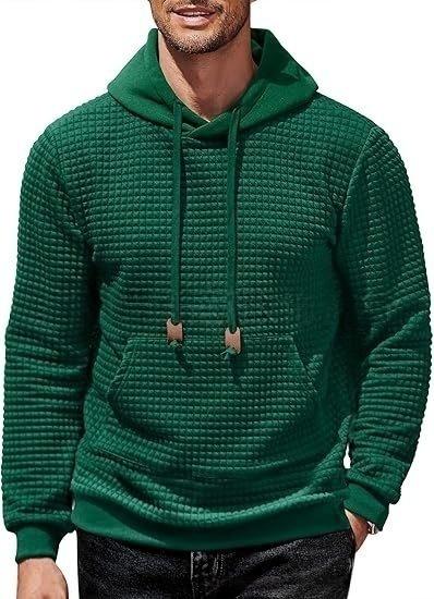 Men's Hooded Sweatshirt Long Sleeve Fashion Gym Athletic Hoodies Solid Plaid Jacquard Pullover with Pocket Classic Menswearhoodie Wool Beige