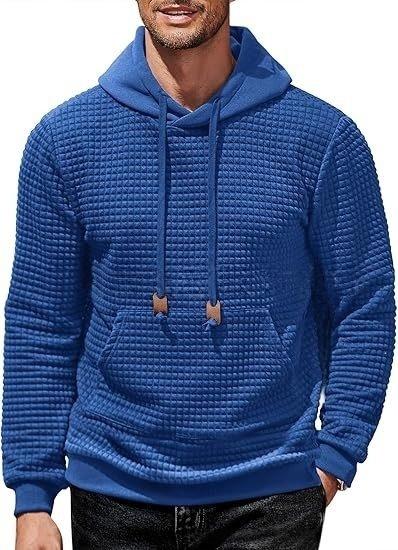Men's Hooded Sweatshirt Long Sleeve Fashion Gym Athletic Hoodies Solid Plaid Jacquard Pullover with Pocket Classic Menswearhoodie Wool Beige