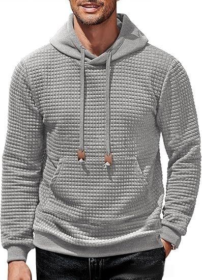 Men's Hooded Sweatshirt Long Sleeve Fashion Gym Athletic Hoodies Solid Plaid Jacquard Pullover with Pocket Classic Menswearhoodie Wool Beige