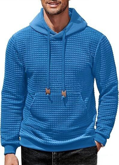 Men's Hooded Sweatshirt Long Sleeve Fashion Gym Athletic Hoodies Solid Plaid Jacquard Pullover with Pocket Classic Menswearhoodie Wool Beige