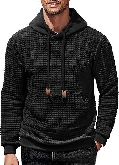 Men's Hooded Sweatshirt Long Sleeve Fashion Gym Athletic Hoodies Solid Plaid Jacquard Pullover with Pocket Classic Menswearhoodie Wool Beige