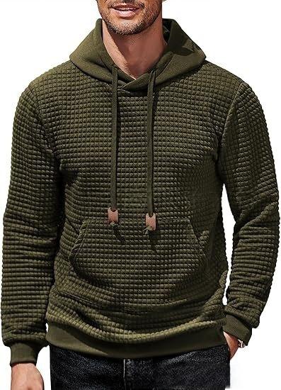 Men's Hooded Sweatshirt Long Sleeve Fashion Gym Athletic Hoodies Solid Plaid Jacquard Pullover with Pocket Classic Menswearhoodie Wool Beige