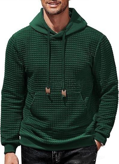 Men's Hooded Sweatshirt Long Sleeve Fashion Gym Athletic Hoodies Solid Plaid Jacquard Pullover with Pocket Classic Menswearhoodie Wool Beige