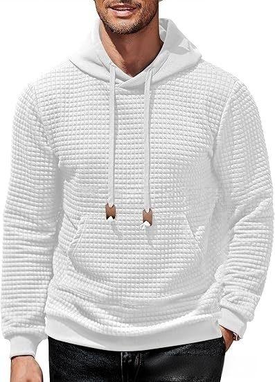 Men's Hooded Sweatshirt Long Sleeve Fashion Gym Athletic Hoodies Solid Plaid Jacquard Pullover with Pocket Classic Menswearhoodie Wool Beige