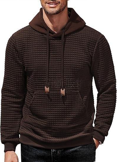 Men's Hooded Sweatshirt Long Sleeve Fashion Gym Athletic Hoodies Solid Plaid Jacquard Pullover with Pocket Classic Menswearhoodie Wool Beige
