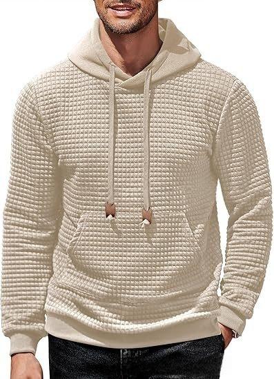 Men's Hooded Sweatshirt Long Sleeve Fashion Gym Athletic Hoodies Solid Plaid Jacquard Pullover with Pocket Classic Menswearhoodie Wool Beige