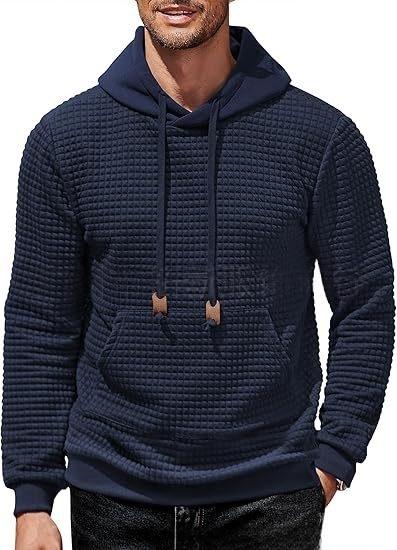 Men's Hooded Sweatshirt Long Sleeve Fashion Gym Athletic Hoodies Solid Plaid Jacquard Pullover with Pocket Classic Menswearhoodie Wool Beige
