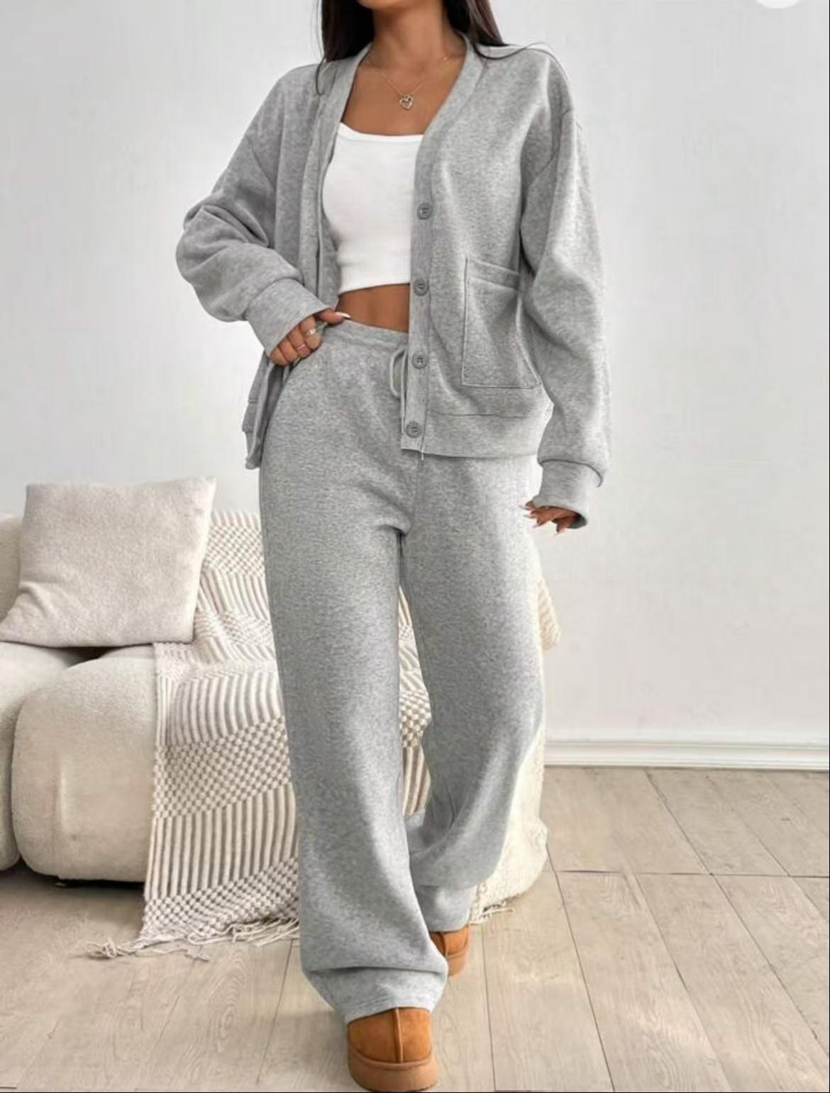 KatchMe Women's Slouchy Solid Color V NeckLong Sleeve Button Cardigan & Drawstring WaistTrousers Co-ord, Soft Two Piece Outfits for Fall &Winter(US/CN)
