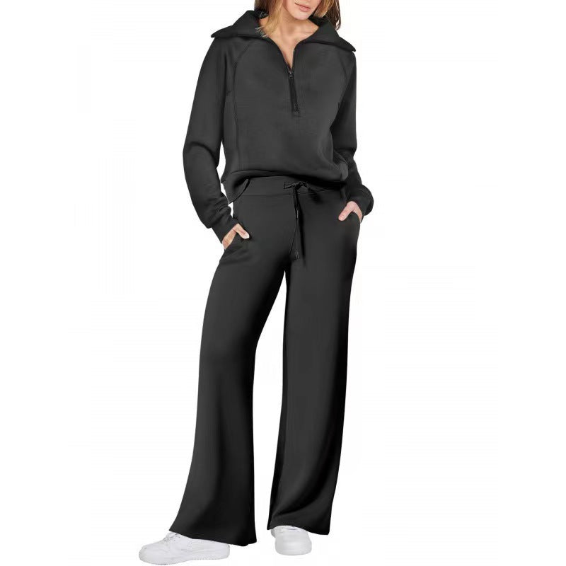 Fashionable casual sportswear set, zip-up long-sleeved sweatshirt and wide-leg pants, two-piece set