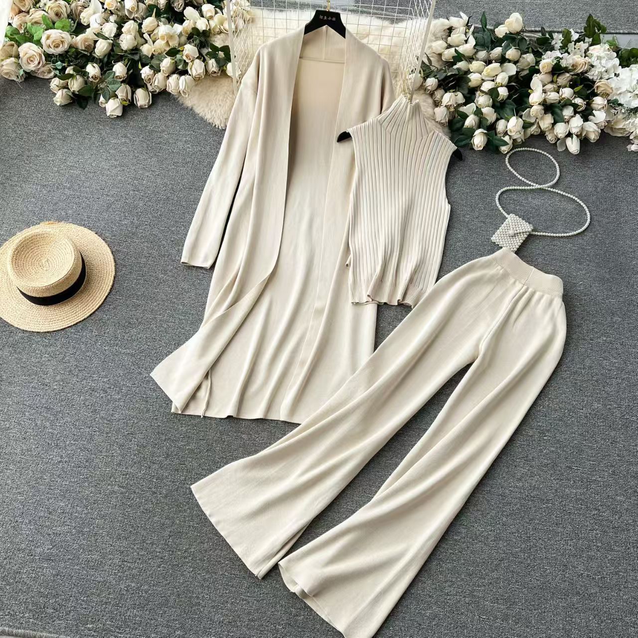 Women's Three-Piece Set Solid TurtleNeck Tank Top & Wide Leg Trousers & Open FrontLong Cardigan Set, Women Clothes for Fall &Winter