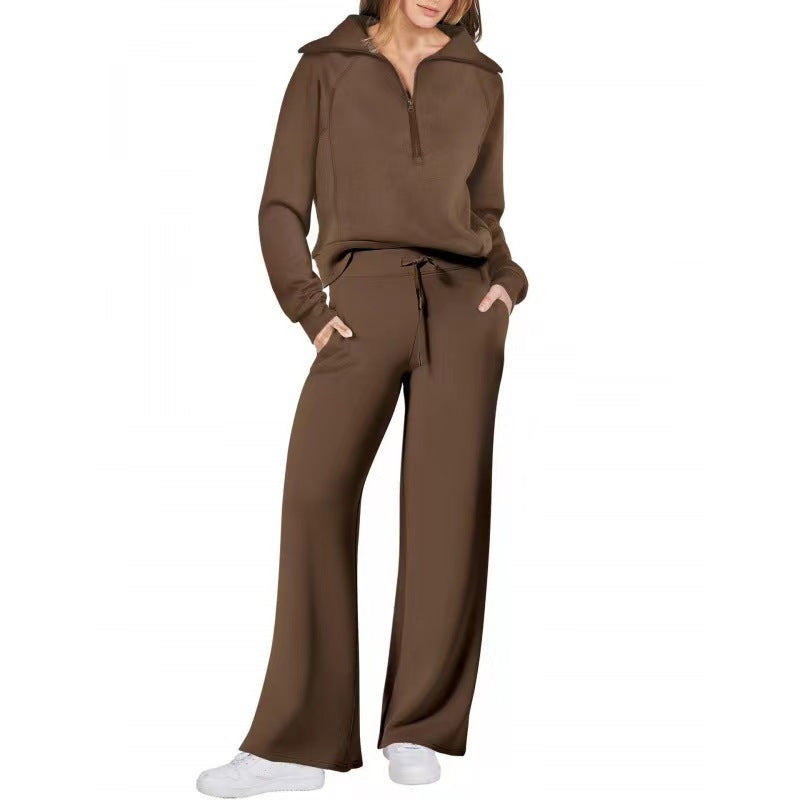 Fashionable casual sportswear set, zip-up long-sleeved sweatshirt and wide-leg pants, two-piece set