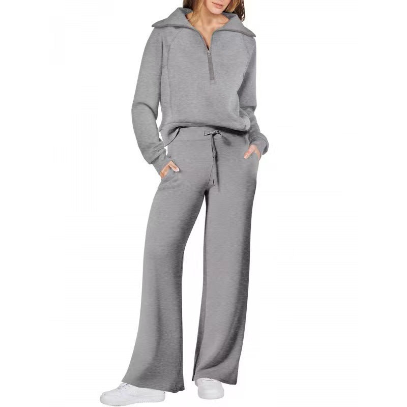 Fashionable casual sportswear set, zip-up long-sleeved sweatshirt and wide-leg pants, two-piece set