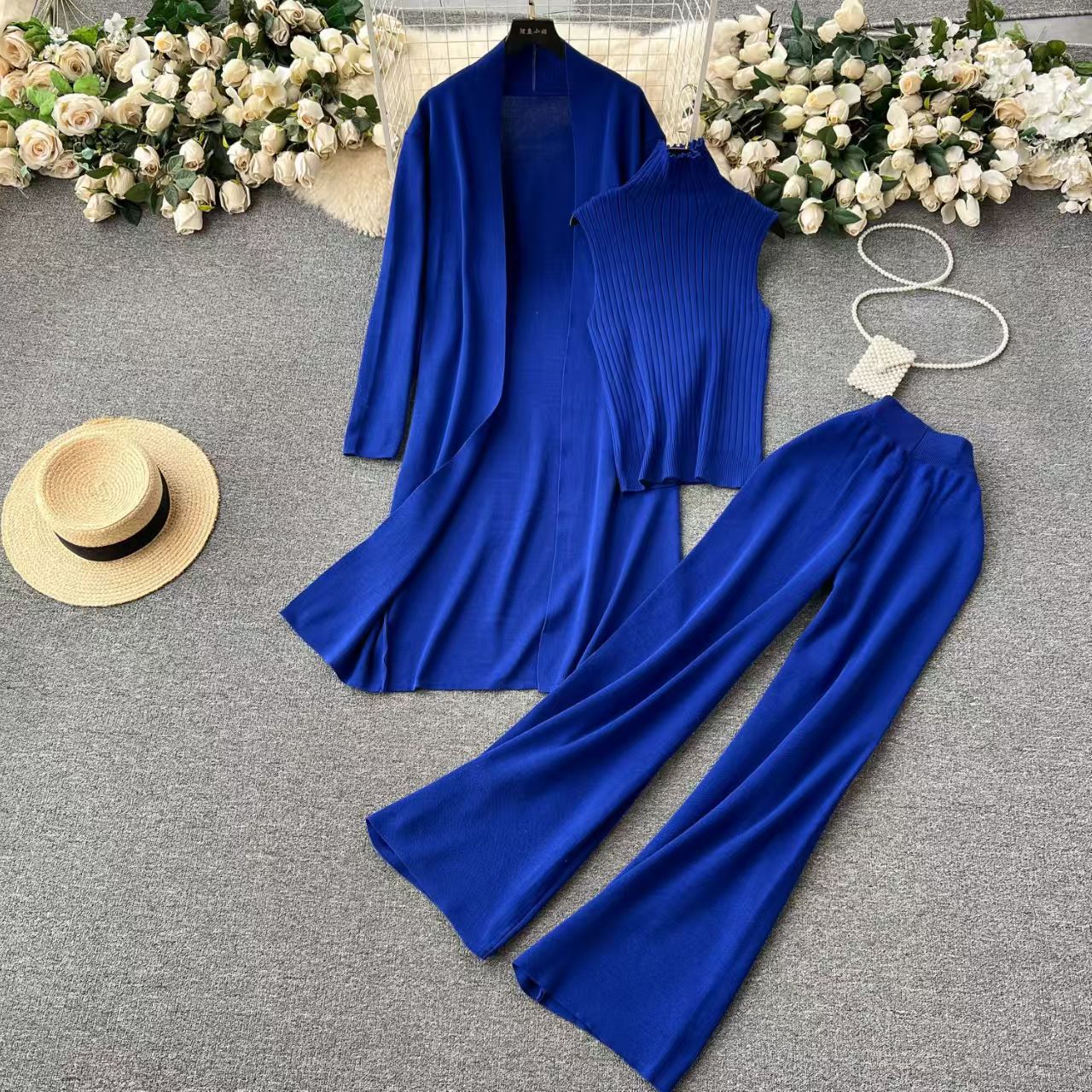 Women's Three-Piece Set Solid TurtleNeck Tank Top & Wide Leg Trousers & Open FrontLong Cardigan Set, Women Clothes for Fall &Winter