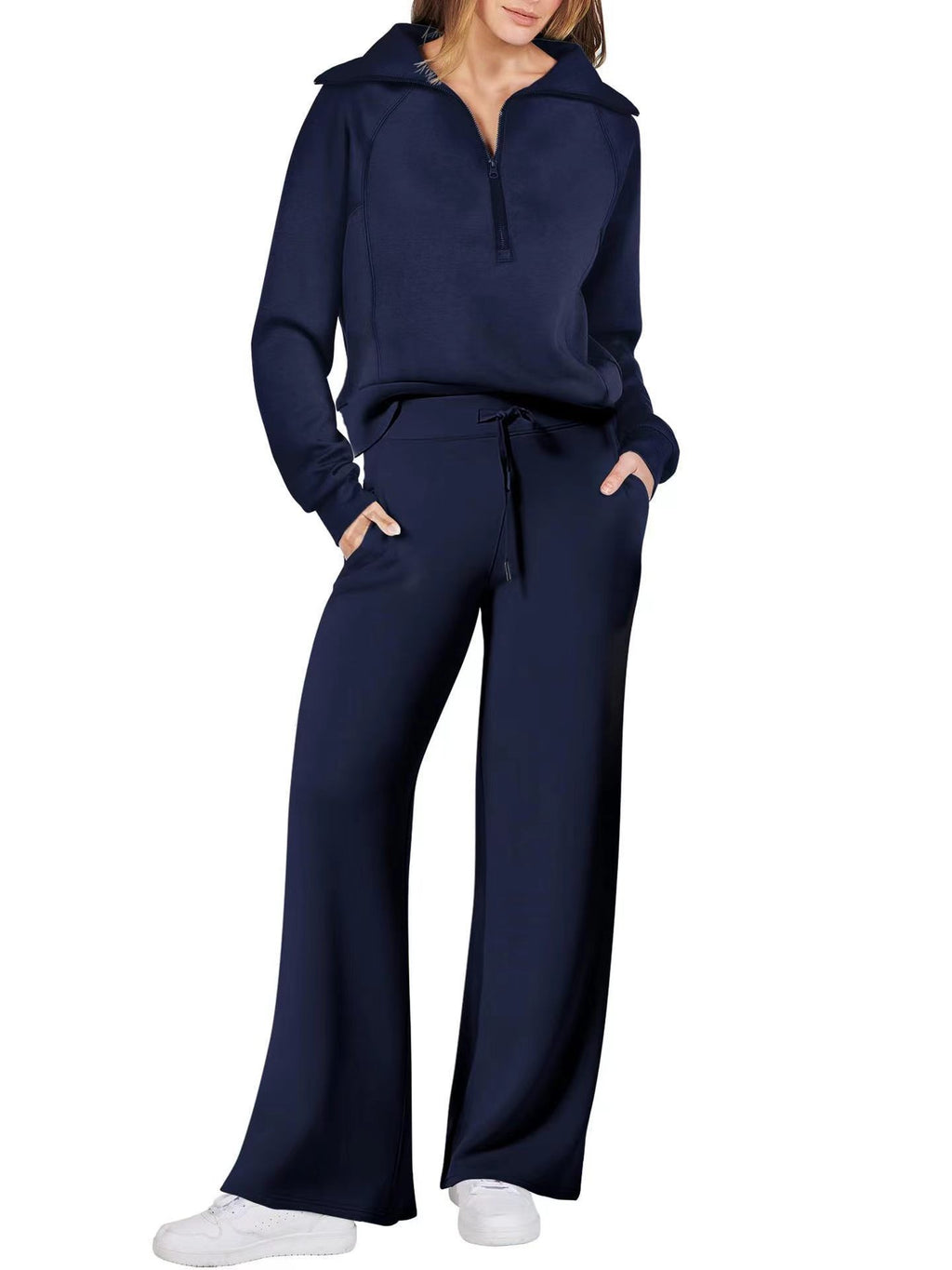 Fashionable casual sportswear set, zip-up long-sleeved sweatshirt and wide-leg pants, two-piece set