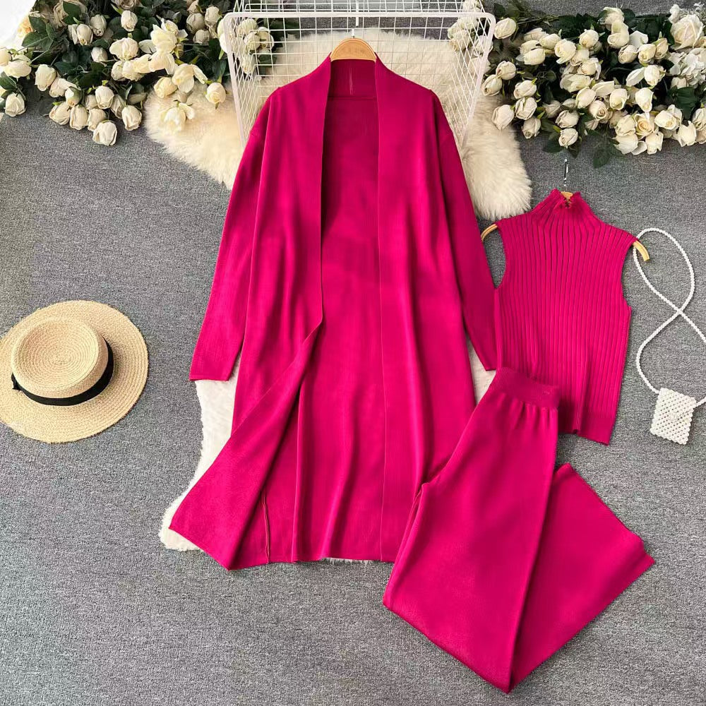 Women's Three-Piece Set Solid TurtleNeck Tank Top & Wide Leg Trousers & Open FrontLong Cardigan Set, Women Clothes for Fall &Winter