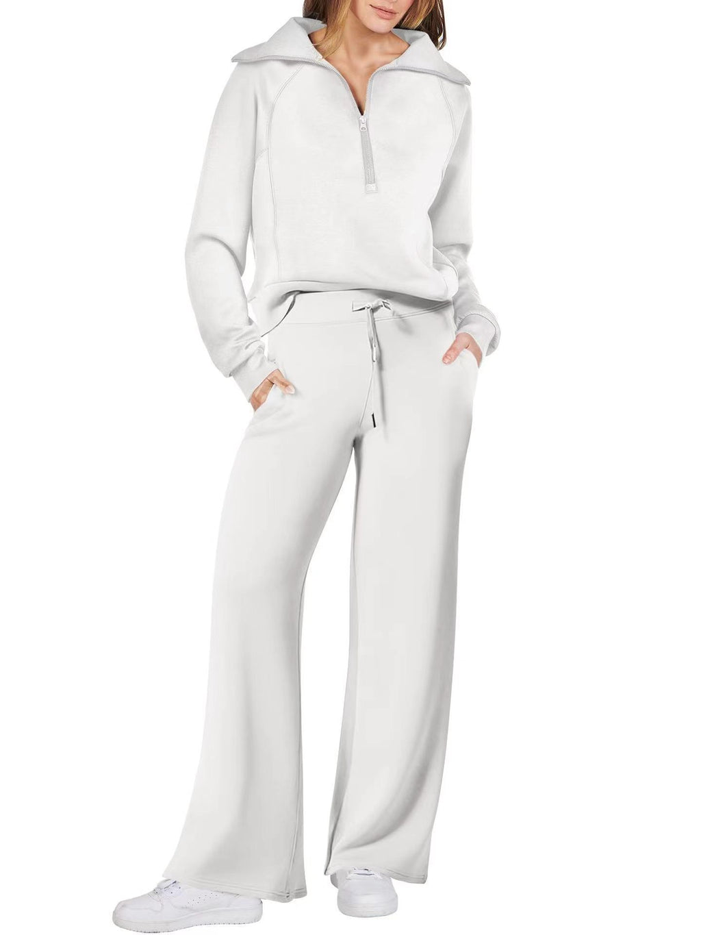 Fashionable casual sportswear set, zip-up long-sleeved sweatshirt and wide-leg pants, two-piece set