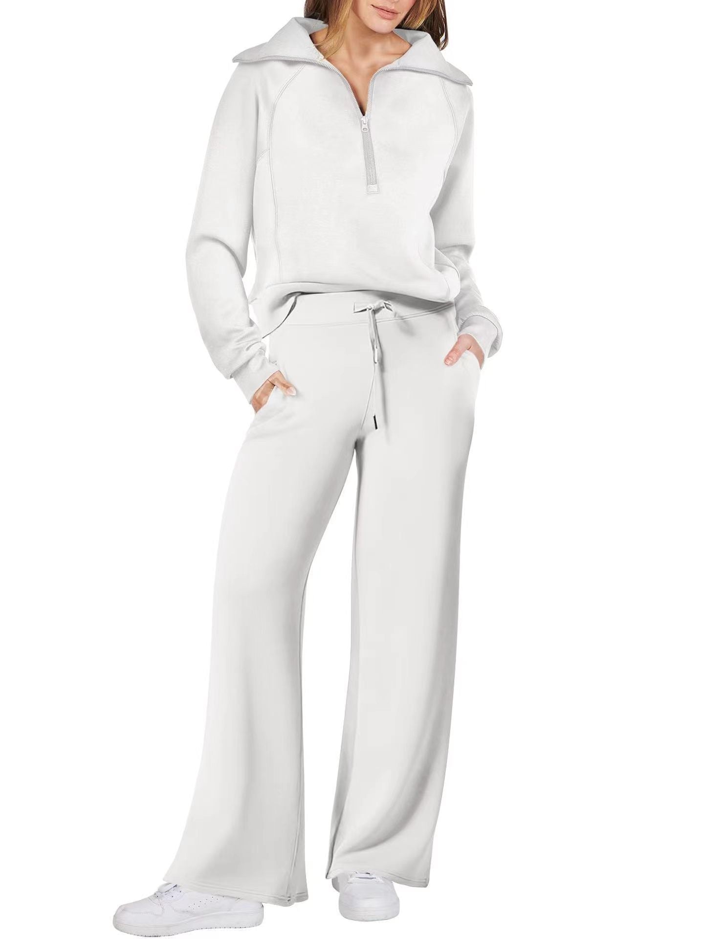 Fashionable casual sportswear set, zip-up long-sleeved sweatshirt and wide-leg pants, two-piece set