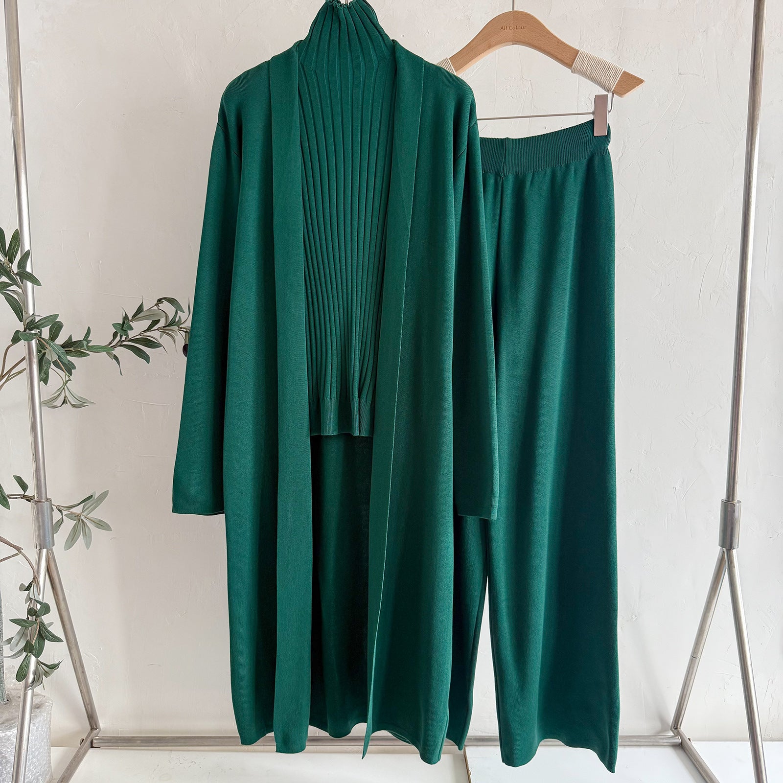 Women's Three-Piece Set Solid TurtleNeck Tank Top & Wide Leg Trousers & Open FrontLong Cardigan Set, Women Clothes for Fall &Winter