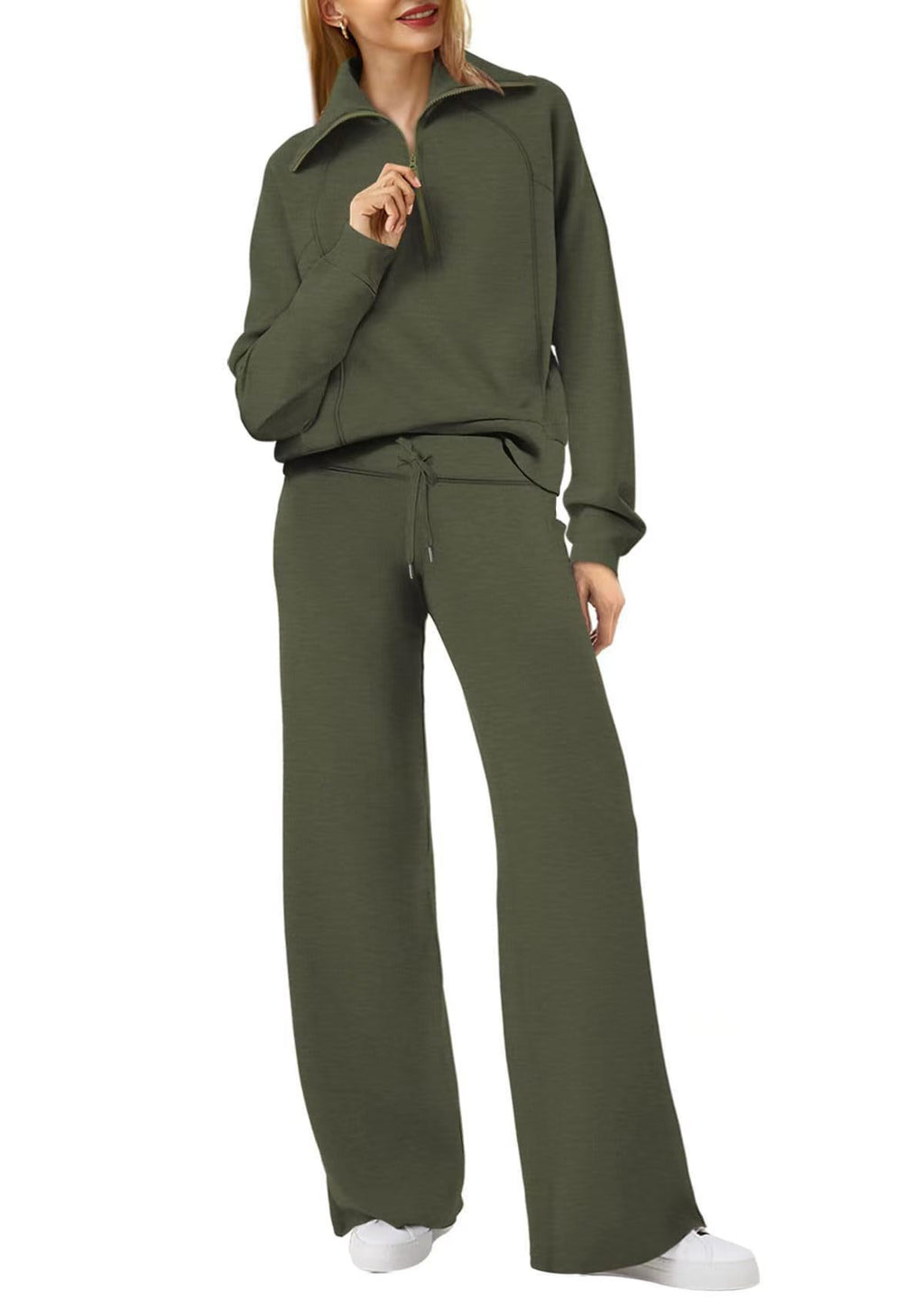 Fashionable casual sportswear set, zip-up long-sleeved sweatshirt and wide-leg pants, two-piece set