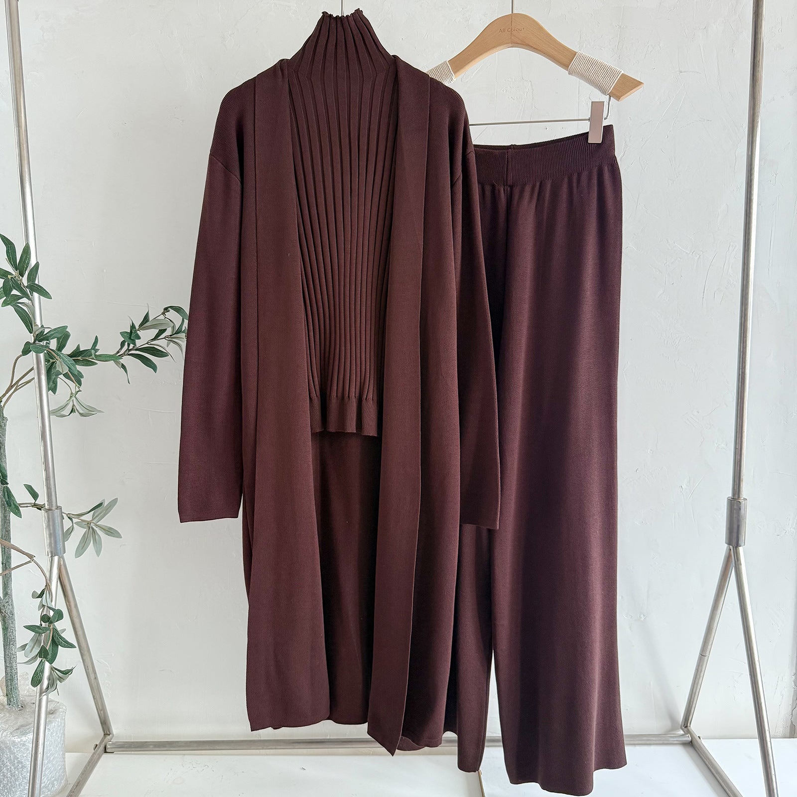 Women's Three-Piece Set Solid TurtleNeck Tank Top & Wide Leg Trousers & Open FrontLong Cardigan Set, Women Clothes for Fall &Winter