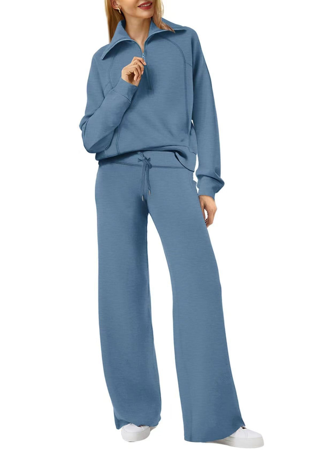 Fashionable casual sportswear set, zip-up long-sleeved sweatshirt and wide-leg pants, two-piece set