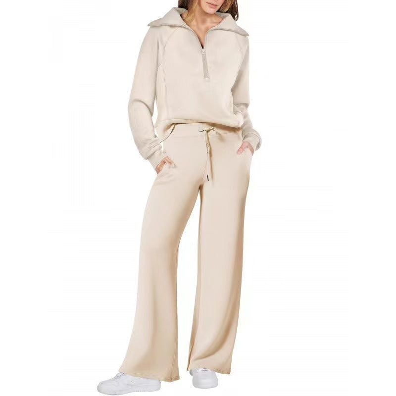 Fashionable casual sportswear set, zip-up long-sleeved sweatshirt and wide-leg pants, two-piece set