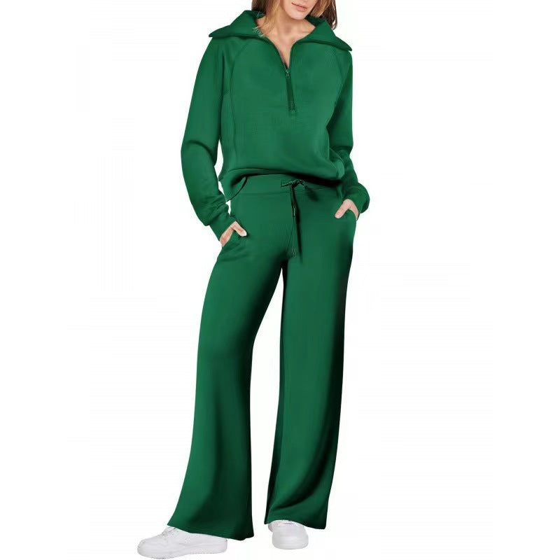 Fashionable casual sportswear set, zip-up long-sleeved sweatshirt and wide-leg pants, two-piece set