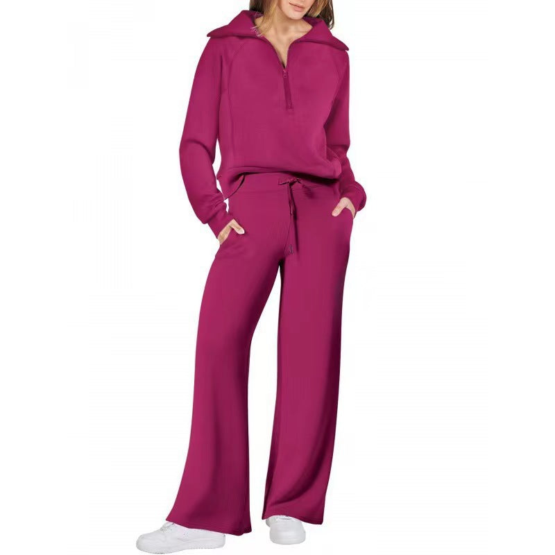 Fashionable casual sportswear set, zip-up long-sleeved sweatshirt and wide-leg pants, two-piece set