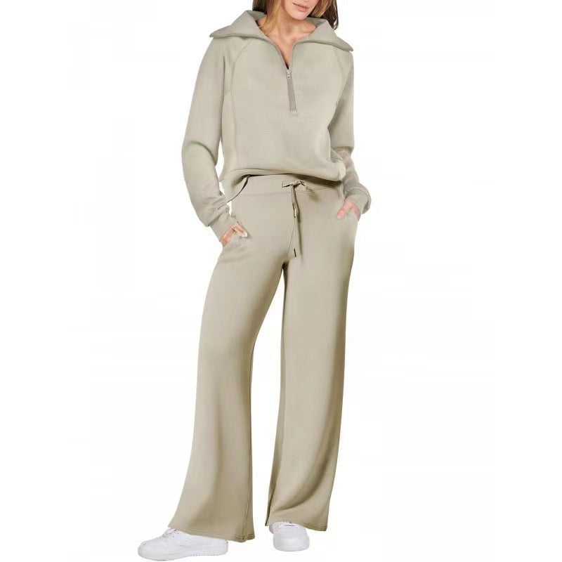 Fashionable casual sportswear set, zip-up long-sleeved sweatshirt and wide-leg pants, two-piece set