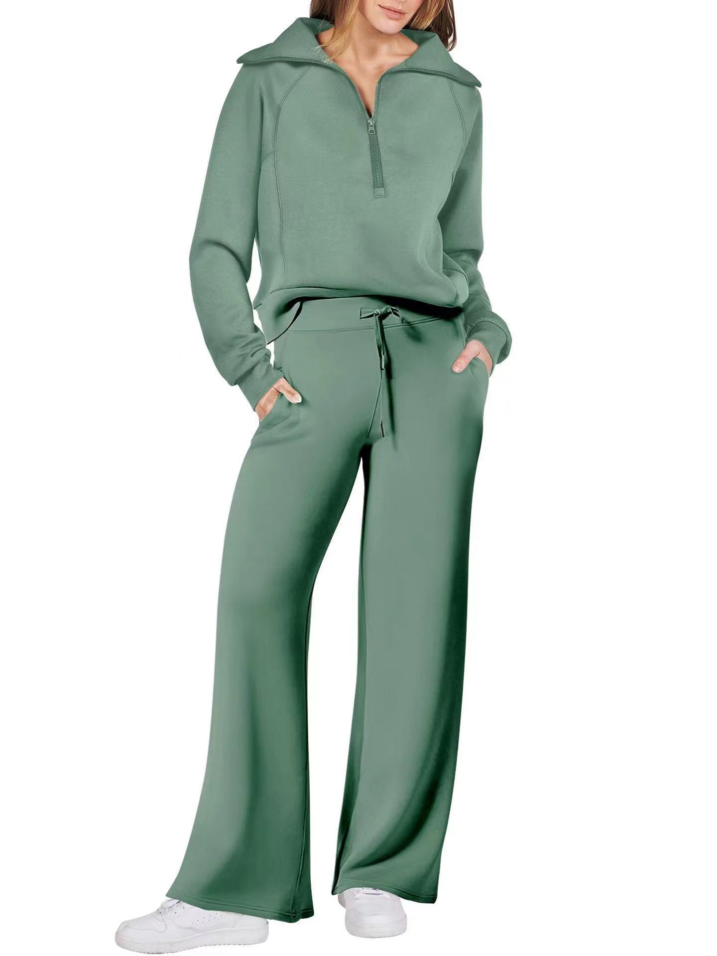 Fashionable casual sportswear set, zip-up long-sleeved sweatshirt and wide-leg pants, two-piece set