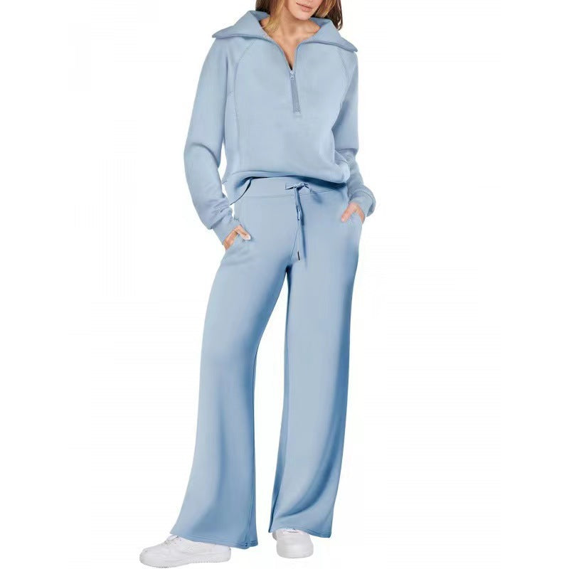 Fashionable casual sportswear set, zip-up long-sleeved sweatshirt and wide-leg pants, two-piece set