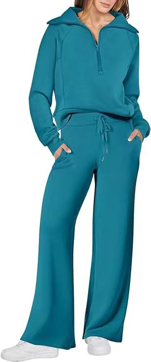Fashionable casual sportswear set, zip-up long-sleeved sweatshirt and wide-leg pants, two-piece set