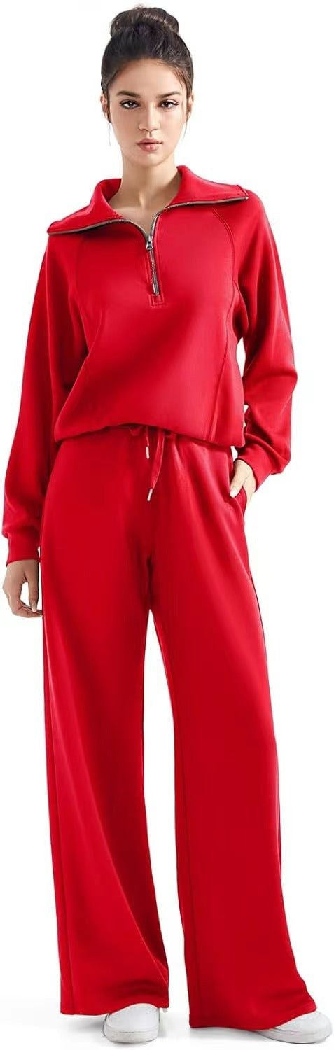 Fashionable casual sportswear set, zip-up long-sleeved sweatshirt and wide-leg pants, two-piece set