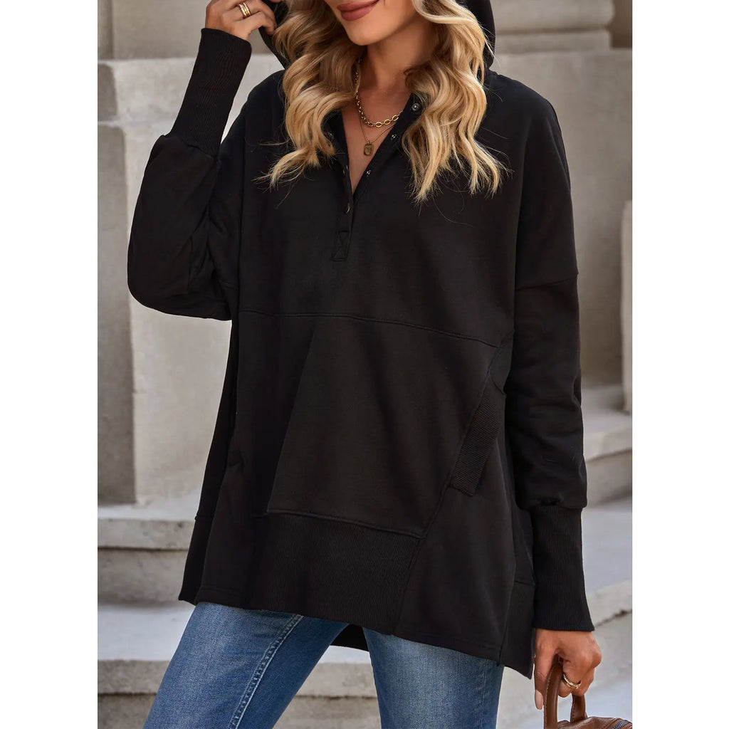 EVALESS Women's Casual Oversized Sweatshirts Hoodies Basic Button V Neck Long Sleeve Hooded Cotton Breathable Henley Pullover Tops 2026 Womenswear Winter Fall Outfits Clothes with Pockets