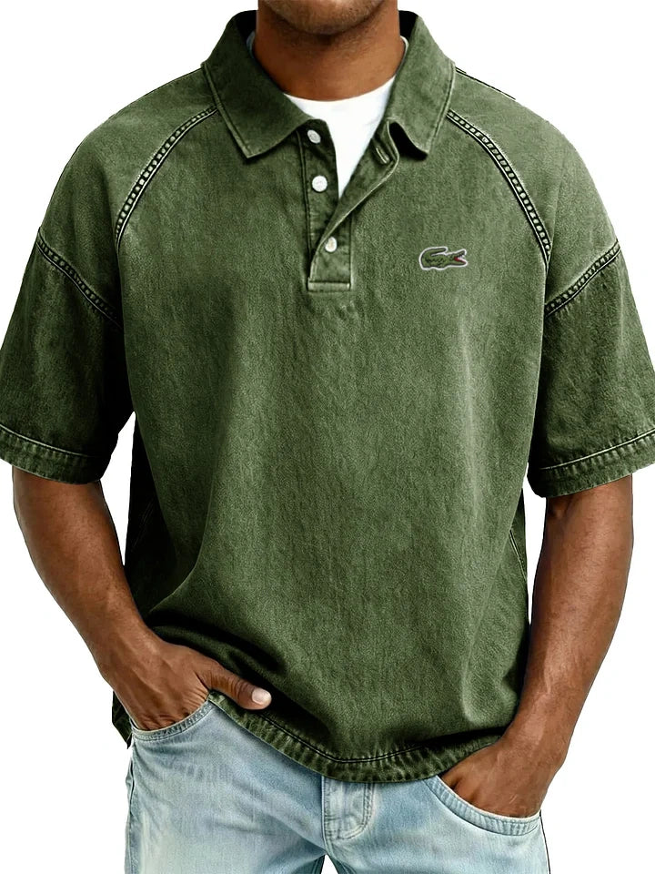 Retro Distressed Raglan Polo Shirt