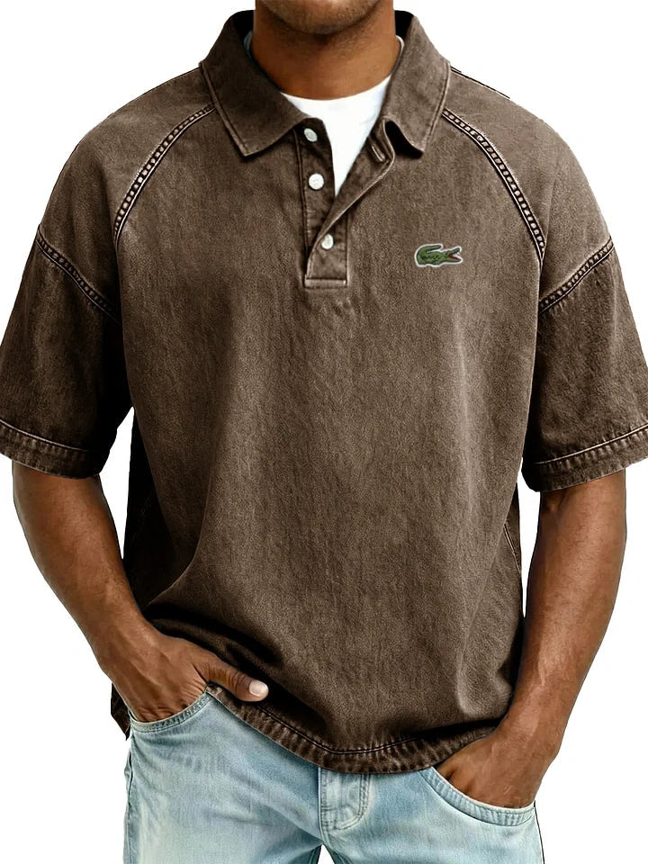 Retro Distressed Raglan Polo Shirt