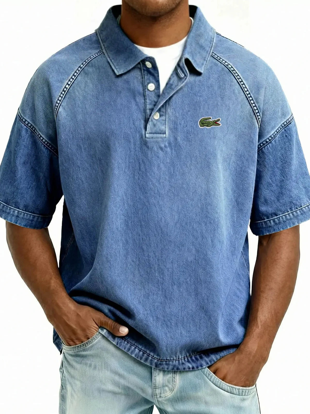 Retro Distressed Raglan Polo Shirt