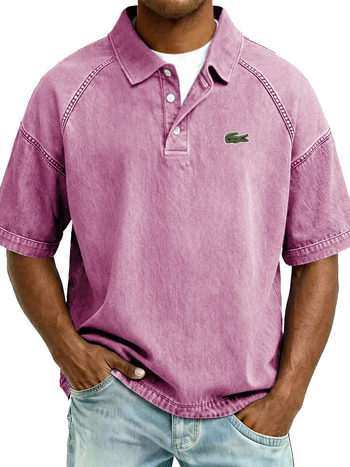 Retro Distressed Raglan Polo Shirt
