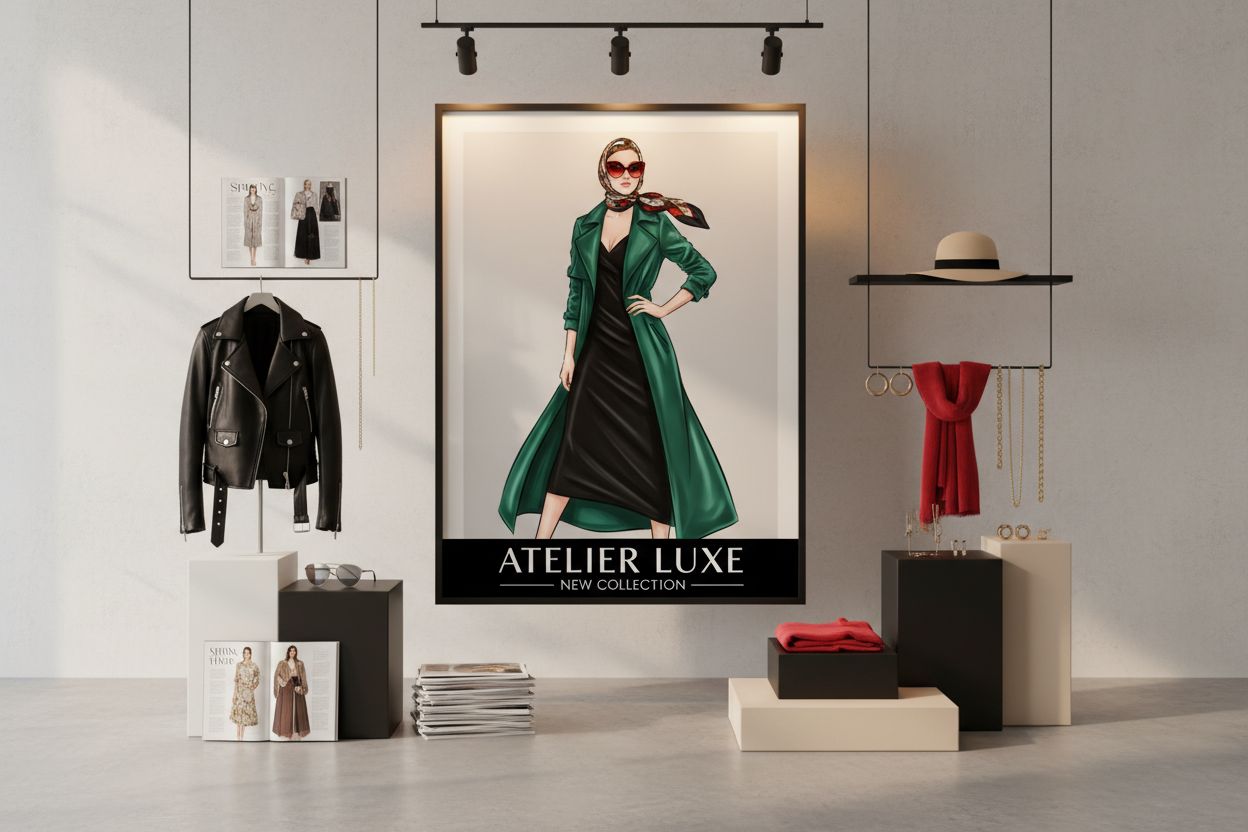 Please generate a fashion background image based on women's clothing and centered around a fashion poster.